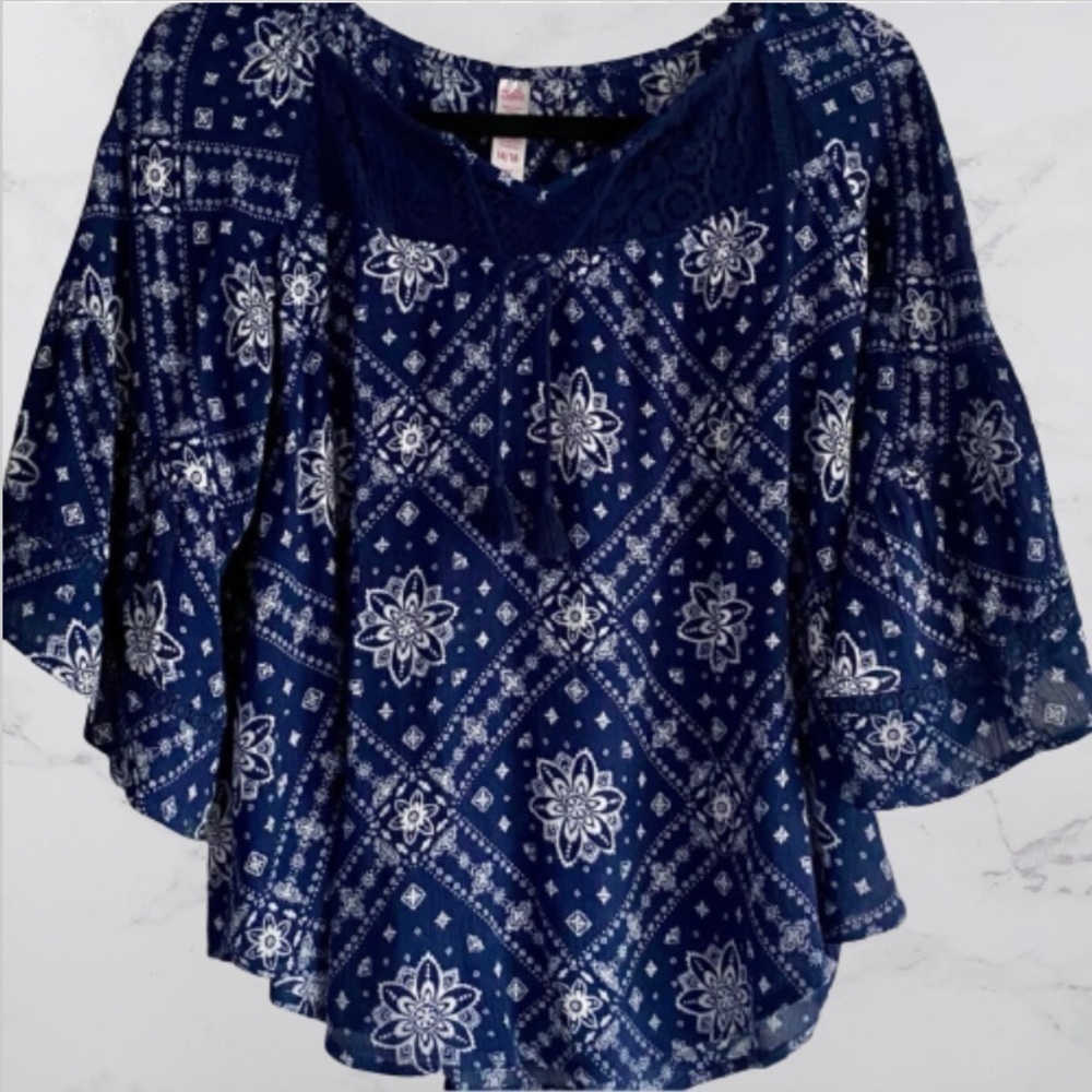 Justice the Tassel Front Bell Sleeve Blouse Top - Navy & White Top‌‌‌‌‌